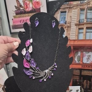 Elegant Purple & Pink Leaf Necklace and Earring Set